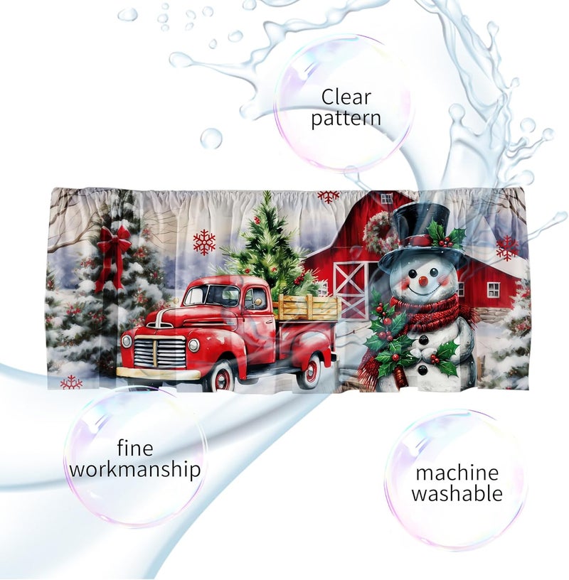SUNWISHA Christmas Valance Curtains 52x18 Inch - Red Truck & Snowman Design with Snowy Village Scene - Festive Tree/Snowflakes Decor - Rod Pocket Kitchen/Bathroom Winter Valances - Image 5